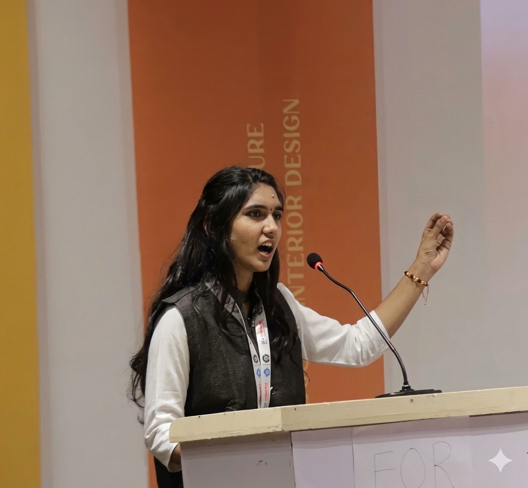 Krisha Prajapati speaking at a competition